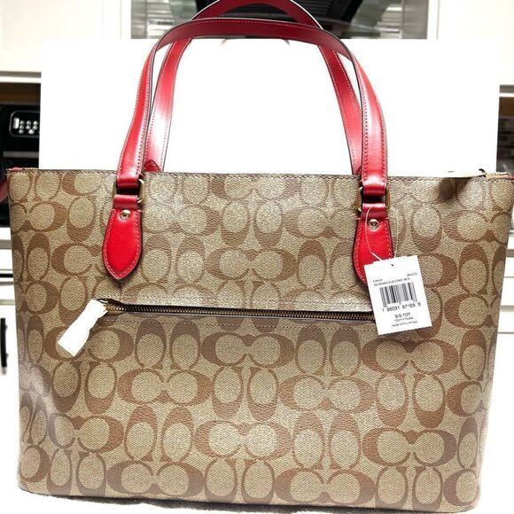 🔥🎁NWT! Coach Gallery Tote Handbag Khaki/Electric Red Msrp:$378.00 - Picture 5 of 12